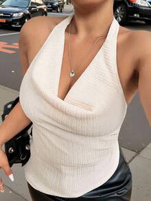 Hourglow Ceceforeign_ Plus Size Women Solid Color Draped Neck Sleeveless Textured Fabric Versatile Summer Halter Backless Halter Top, For Hourglass Body Shape - Apricot - View 6