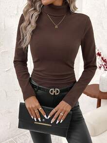 SHEIN Clasi 女士厚款高领打底T恤，百搭秋冬装 - 咖啡棕 - 查看 5