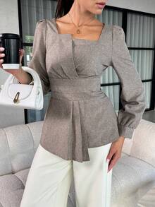 SHEIN Lavishia Áo cánh thường ngày xếp ly viền bất đối xứng màu trơn dành cho nữ - Màu Khaki - Xem 4