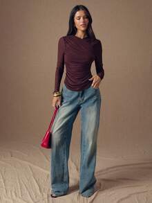 SHEIN BAE 女士秋冬酒红色新年派对优雅通勤纯色褶皱网眼针织裹身T恤，适合休闲和正式场合，红色上衣，女士上衣，女士冬季棕色长袖上衣，巧克力棕色上衣，深棕色上衣 - 酒紅色 - 查看 3