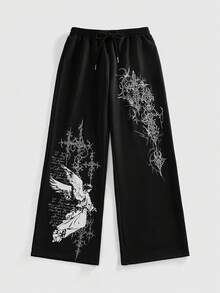 ROMWE Grunge Punk Y2K Cyber Symbol & Angel Print Loose Women Sweatpants - Black - View 2