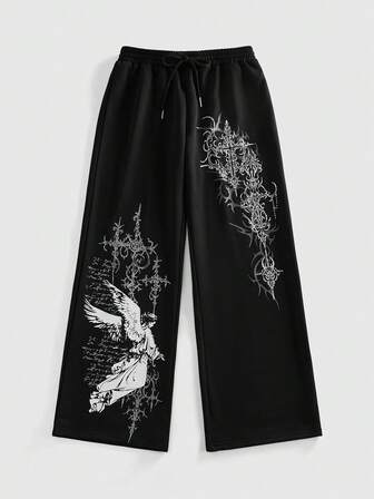 Grunge Punk Y2K Cyber Symbol & Angel Print Loose Women Sweatpants