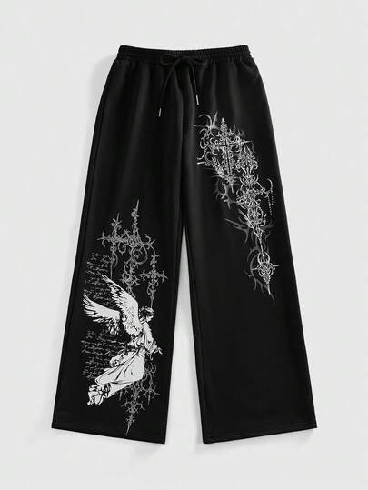 Grunge Punk Y2K Cyber Symbol & Angel Print Loose Women Sweatpants
