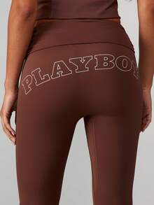 Missguided x Playboy 高腰阔腿喇叭裤，翻折腰带，饰有品牌标志印花，女士休闲日常穿着 - 咖啡棕 - 查看 6