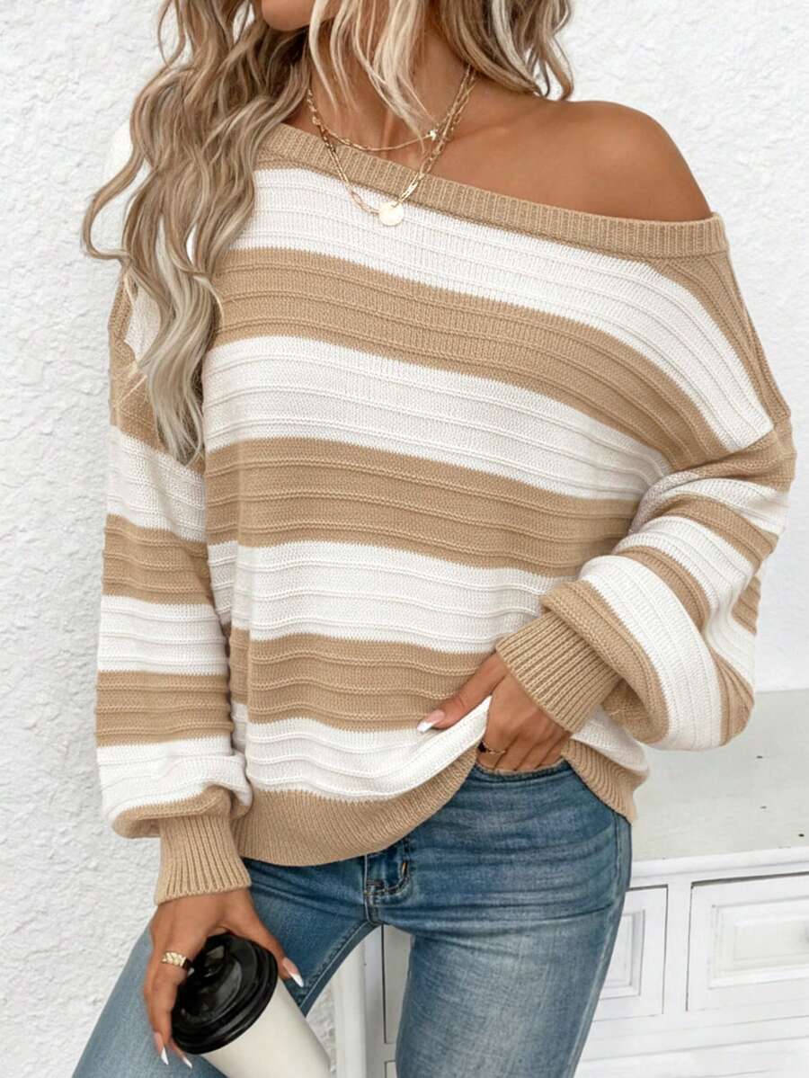 EMERY ROSE Women's Casual Off-Shoulder Sweater, Suitable For Autumn/Winter, Striped Print,Sweaters For Women - Multicolor - View 1