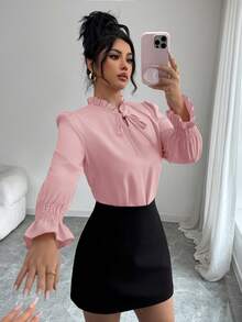 Mulvari 勃艮第红女士休闲纯色荷叶边袖衬衫，春秋 - 粉色 - 查看 10