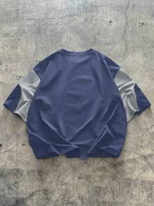 AXEPEAK Camiseta de manga corta con cuello alto, de corte holgado y con parches de colores contrastantes para hombre - Azul - Ver 2