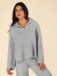 Coeurva Women's Solid Color Zipper Half Placket Dropped Shoulder Long Sleeve Sweater And Knitted Pants Casual Set, Autumn/Winter - Grey - View 4