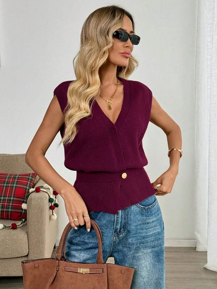 Easowa Women's Burgundy V-Neck Casual Knitted Vest, Autumn Everyday Versatile Solid Color Sweater Vest For Winter Christmas New Year Holiday - Burgundy - View 1