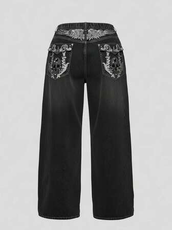 Grunge Punk Jeans évasés avec broderie d'ailes de squelette vintage Y2K et strass, grande taille