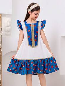 رمضان فستان فضفاض كاجوال للفتيات المراهقات بياقة مستديرة وأكمام قصيرة، مزين بشريط ذهبي وألوان متباينة - الأزرق - مشاهدة 3