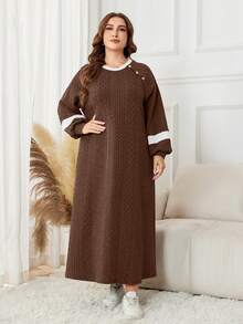 Lacomfia Plus Size Color Block Long Sleeve Casual Knit Hoodie - Brown - View 6