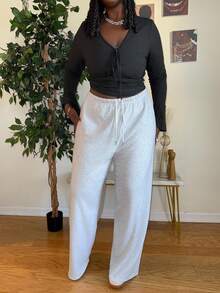 Truni Theloveshegives Plus Size Solid Color Drawstring Waist Casual Loose Sweatpants Graduation,Back To School Outfits,Graduation,Teacher Outfits For Women,Back To School, For Pear Triangle Body Shape - Light Grey - View 4