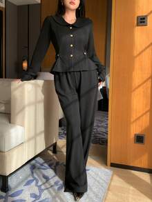 DAZY 2pcs Women's Elegant Commuter Front Button Long Sleeve Top And Pants Set, Autumn - Black - View 5