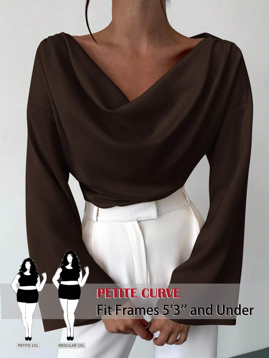 SHEIN PETITE CURVE Plus Size Women's Solid Color Draped Collar Flare Sleeve Pleated Fitted Blouse, Spring/Autumn,Spring Top,Valentine Outfits For Women,Weddings & Events,Elegant Women's Blouses,Casual Outfit For Women, - Brown - View 1