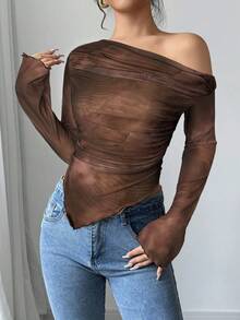 Firerie Women's Fashion Sexy Tie-Dye Asymmetric Long Sleeve T-Shirt Bohemian Romantic  Glamorous Party Elegant - Brown - View 5