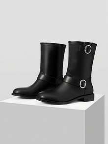 MOTF WOMEN'S FASHION BUCKLE DETAIL ROUND TOE MID-CALF BOOTS - Black - View 4