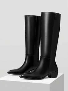 MOTF 女士时尚日常休闲百搭短款粗跟及膝靴 - 黑色 - 查看 4