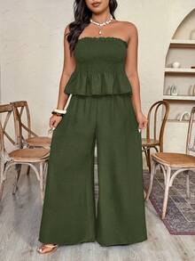 SHEIN Clasi Bộ quần ống rộng hai mảnh vải nhăn không dây viền bèo nhún cỡ lớn dành cho nữ, phong cách nghỉ dưỡng, xuân/hè - Màu xanh lá cây đậm - Xem 4