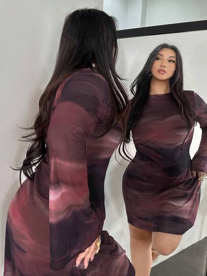 Firerie Plus Size Women's Tie Dye Gradient Print Backless Flare Sleeve Mini Mesh Sheer Sexy Flare Sleeve Dress, Vacation Dress, Sexy/Vacation/Beach/Romantic/Music Festival/Casual Women Long Sleeve Dress Sexy Curve Dress Fall Dress See Through Dress Slay Diva Dress Sheer Dress Sexy Dress Curvy Dress Sheer Dress Women Long Sleeve Dresses Curvy Curve Sexy Dress