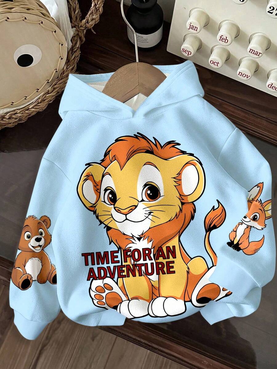 Sudadera holgada de manga larga de punto cómoda y casual con estampado de animales de león y oso, estilo minimalista y lindo Y2K, adecuada para otoño/invierno, para niños pequeños - Multicolor - Ver 1