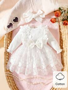 SHEIN Newborn Baby Girl White Pit Stripe Three-Dimensional Embroidery Flower Bow Splicing Mesh Dress And Headband 2-Piece Set, Autumn And Winter New Elegant And Suitable For Outdoor Shooting - White - View 1