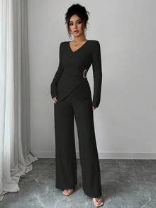 Selianne 秋冬新款纯色优雅通勤V领长袖T恤，金属扣装饰+阔腿弹力腰裤，女士休闲百搭两件套 - 黑色 - 查看 8