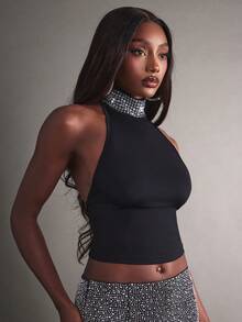 Hauture Áo thun cổ lọ hở lưng đính đá lấp lánh gợi cảm cho nữ - màu đen - Xem 1