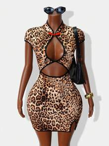 Mistrie Stylish Short Sleeve Mandarin Collar Bodycon Dress Animal Print Mini With Front Keyhole - Multicolor - View 5