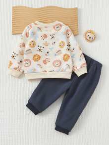 Cozy Pixies مجموعة بلوزة كنزة طويلة الأكمام بطباعة حيوانات كرتونية ناعمة وبنطلون بخصر مطاطي لطفل ولد، قطعتان - متعدد الألوان - مشاهدة 2