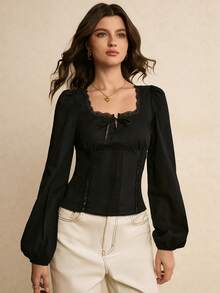 Poéselle Women's Fashionable Elegant Square Collar Lace Patchwork Long Sleeve Blouse - Black - View 6