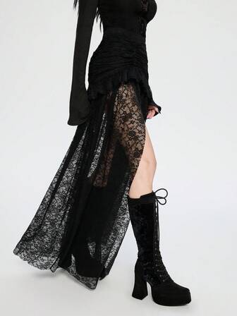 Breakform Women's Gothic Style Sexy Elastic Waist Solid Color Knitted Fabric Contrast Lace Ruffle Hem High Slit Skirt