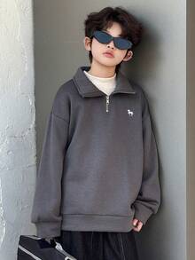 Dazy Kids Sudadera casual con cuello vuelto de forro polar para niños preadolescentes, con patrón bordado simple, para otoño - Gris Oscuro - Ver 1