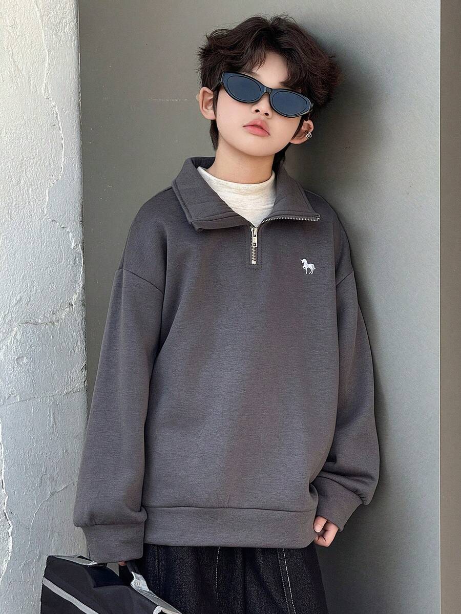 Dazy Kids Sudadera casual con cuello vuelto de forro polar para niños preadolescentes, con patrón bordado simple, para otoño - Gris Oscuro - Ver 1