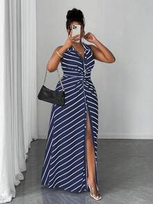 Maweii Vestido casual de punto con diseño de rayas y retorcido para mujer de talla grande - Azul Marino - Ver 6
