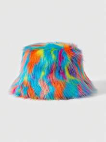 ROMWE Street Life 1pc Women Color Block Bucket Hat For Winter Fashion Thick Warm Multi Colors Fluffy Hats Street Winter Outfits - Multicolor - View 1
