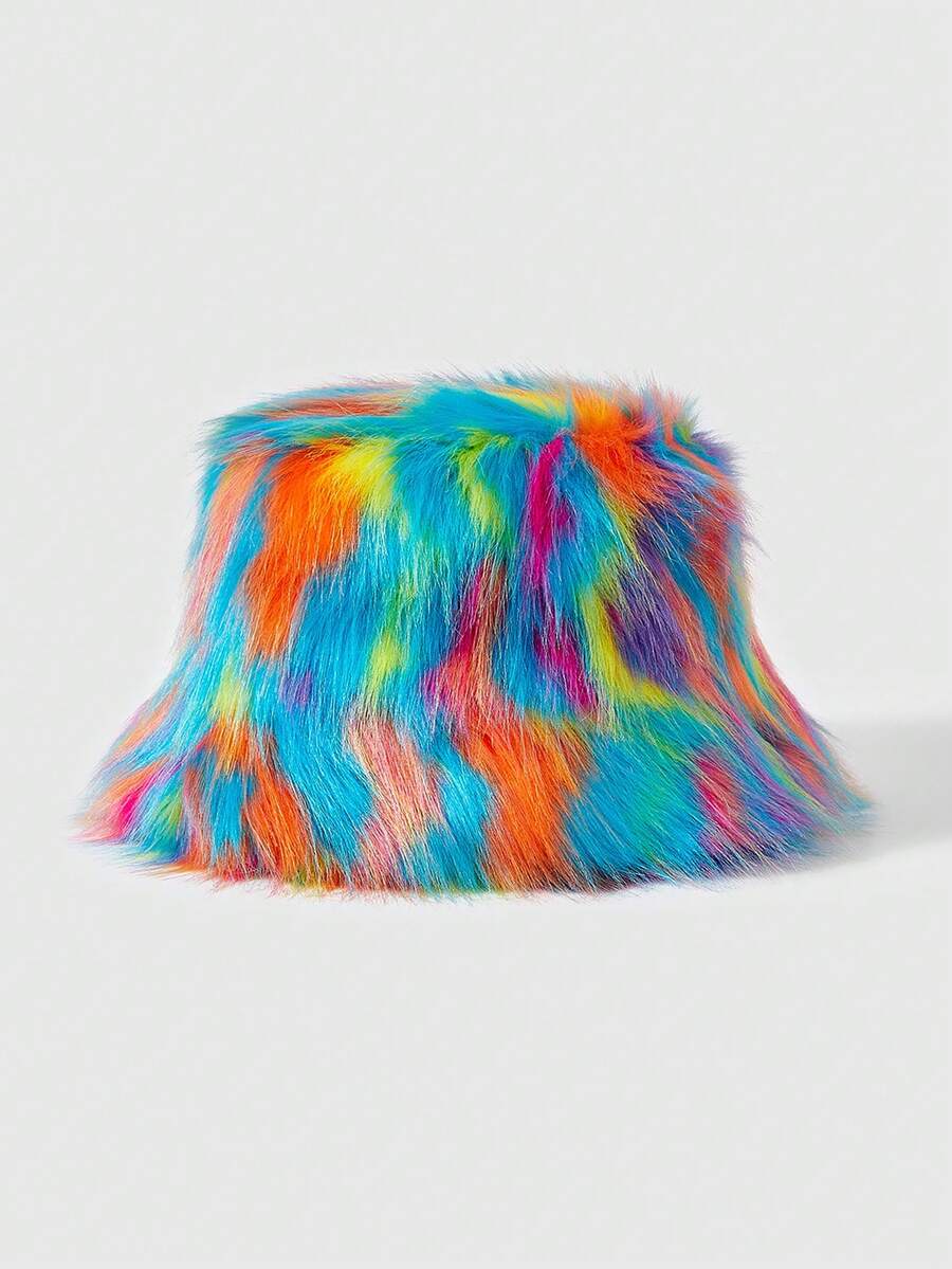 ROMWE Street Life 1pc Women Color Block Bucket Hat For Winter Fashion Thick Warm Multi Colors Fluffy Hats Street Winter Outfits - Multicolor - View 1