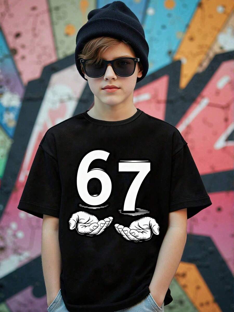 Boys' Casual Refreshing Minimalist Funny Numeric 67 Creative Print Basic Short Sleeve T-Shirt