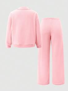 SHEIN Teen Girl Solid Color Half-Zip Drop Shoulder Hoodie And Pants Casual Loose Suit - Pink - View 2