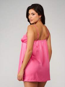 Missguided x Playboy Satin Sleep Dress With Lace Trim Adjustable Straps Comfortable Nightgown Sleepwear - Pink - View 2