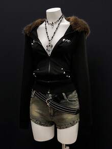 StreetHx Áo nỉ ôm sát cổ lông giả phong cách Punk đường phố dành cho nữ - màu đen - Xem 8