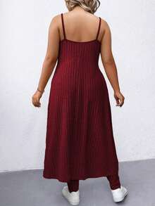 Elenzga 2pcs Plus Size Women Solid Color Casual Ribbed Knit Camisole & Pants Set - Burgundy - View 2
