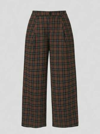 Fairycore Plus Size Casual Versatile Mori Style Washed Plaid Straight Wide-Leg Pants/Winter