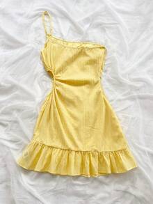 Soleia 女式黄色细肩带不对称下摆不对称迷你连衣裙，夏季假日装 - 黃色 - 查看 2