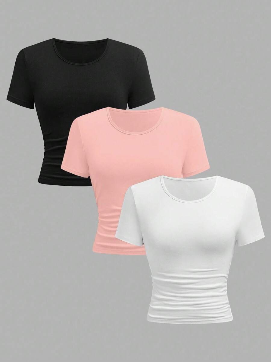 SHEIN Bộ 3 áo thun tay ngắn dáng ôm, màu trơn, thanh lịch, kiểu dáng thường ngày, có chi tiết nhún eo, phối nhiều màu sắc, phù hợp cho thanh thiếu niên và phụ nữ, thích hợp cho ngày Valentine. - Hồng - Xem 1