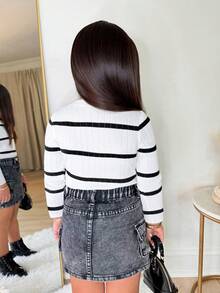 Svartvit ribbad rund halsringning, lös passform, tjock långärmad t-shirt för ung flicka, avslappnad pullover-tröja lämplig för höst/vinter - Svart och Vitt - Visa 2