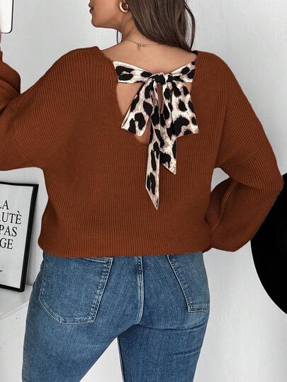 SHEIN Frenchy Damski sweter w dużym rozmiarze z dekoltem w serek i kokardą, z odkrytymi plecami, elegancki, francuski styl