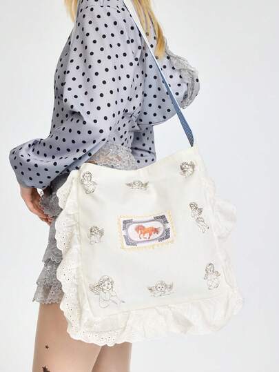 ROMWE 新款时尚休闲甜美田园风大容量女士单肩包，精致荷叶边蕾丝边小碎花设计，柔软面料手提包适合上学、度假、购物