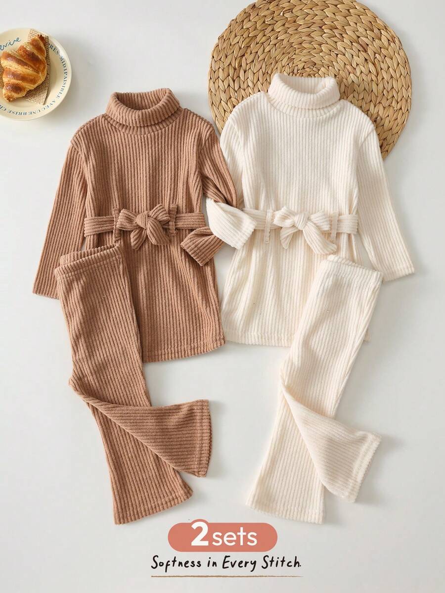 Cozy Pixies 4件套女婴针织柔软圆领长袖套头衫和高腰喇叭裤套装，加厚保暖内衬，适合冬季穿着 - 彩色 - 查看 1