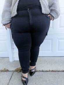 Enliva Plus High Waist Flap Pocket Skinny Stretchy Jeans, For Apple Rounded Body Shape - Black - View 10